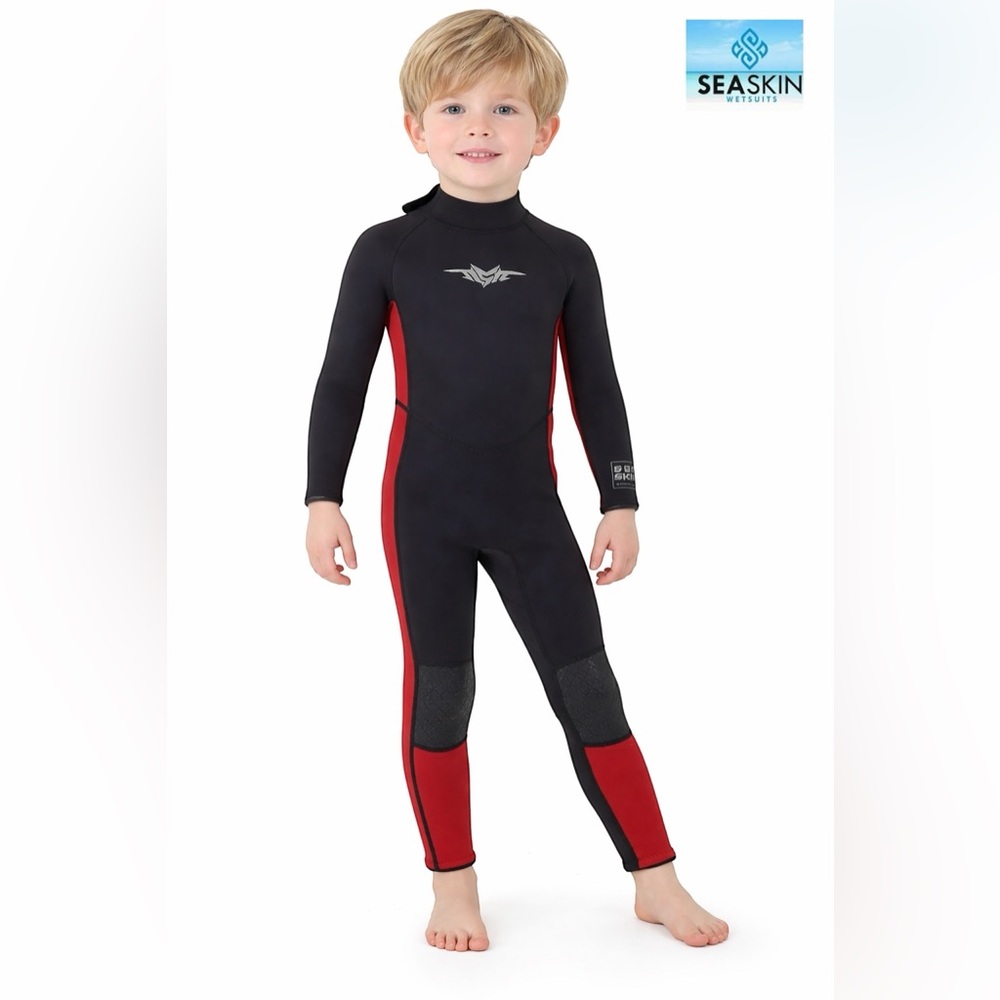 Seaskin Kids Full Wetsuit in Black and Red Neoprene